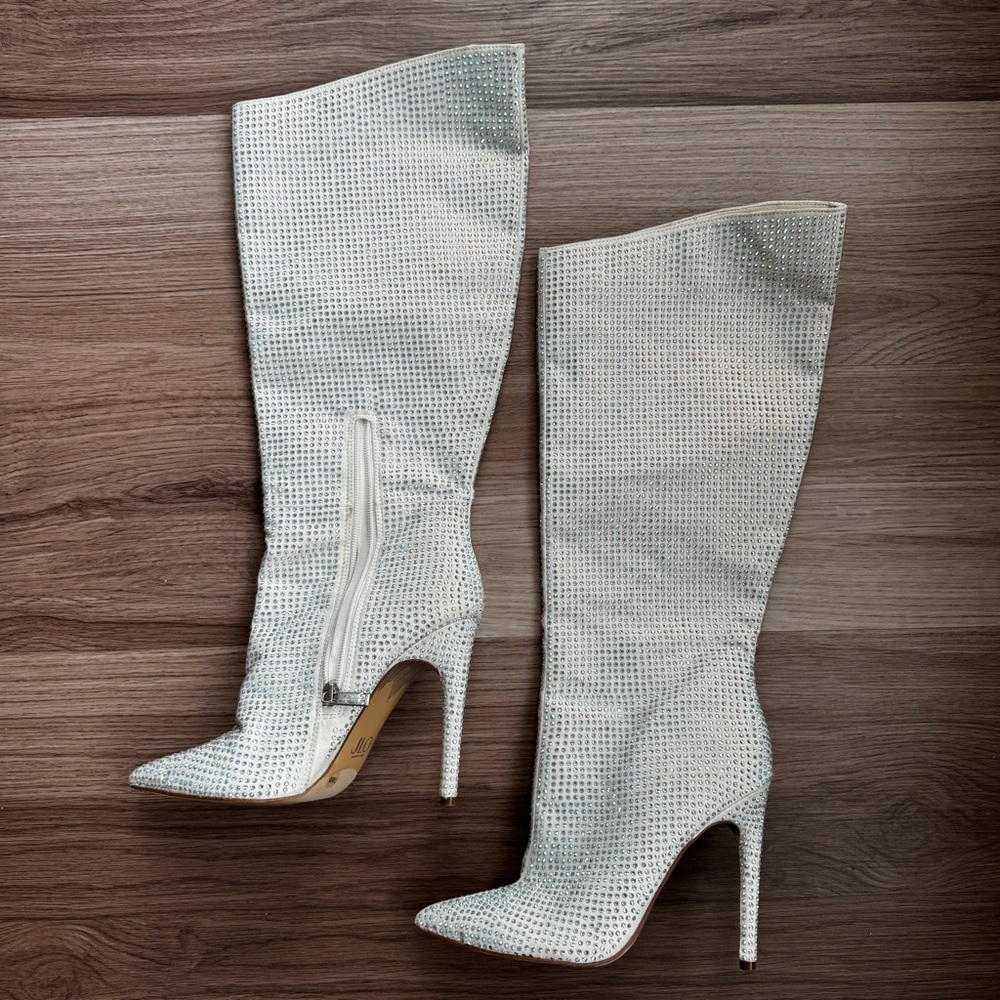 JLO Jennifer Lopez Rhinestone Knee High Boots White Crystal Stiletto 7.5